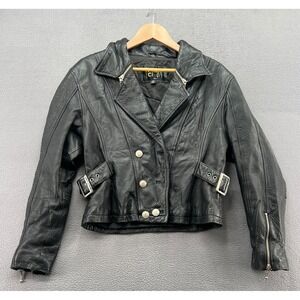 Vintage Pelle Club Black Leather Biker Jacket Womens Sz M Cropped Double Breaste